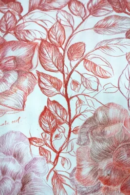 gros plan sur des dessins de roses, partie d une toile de Laurence Gossart